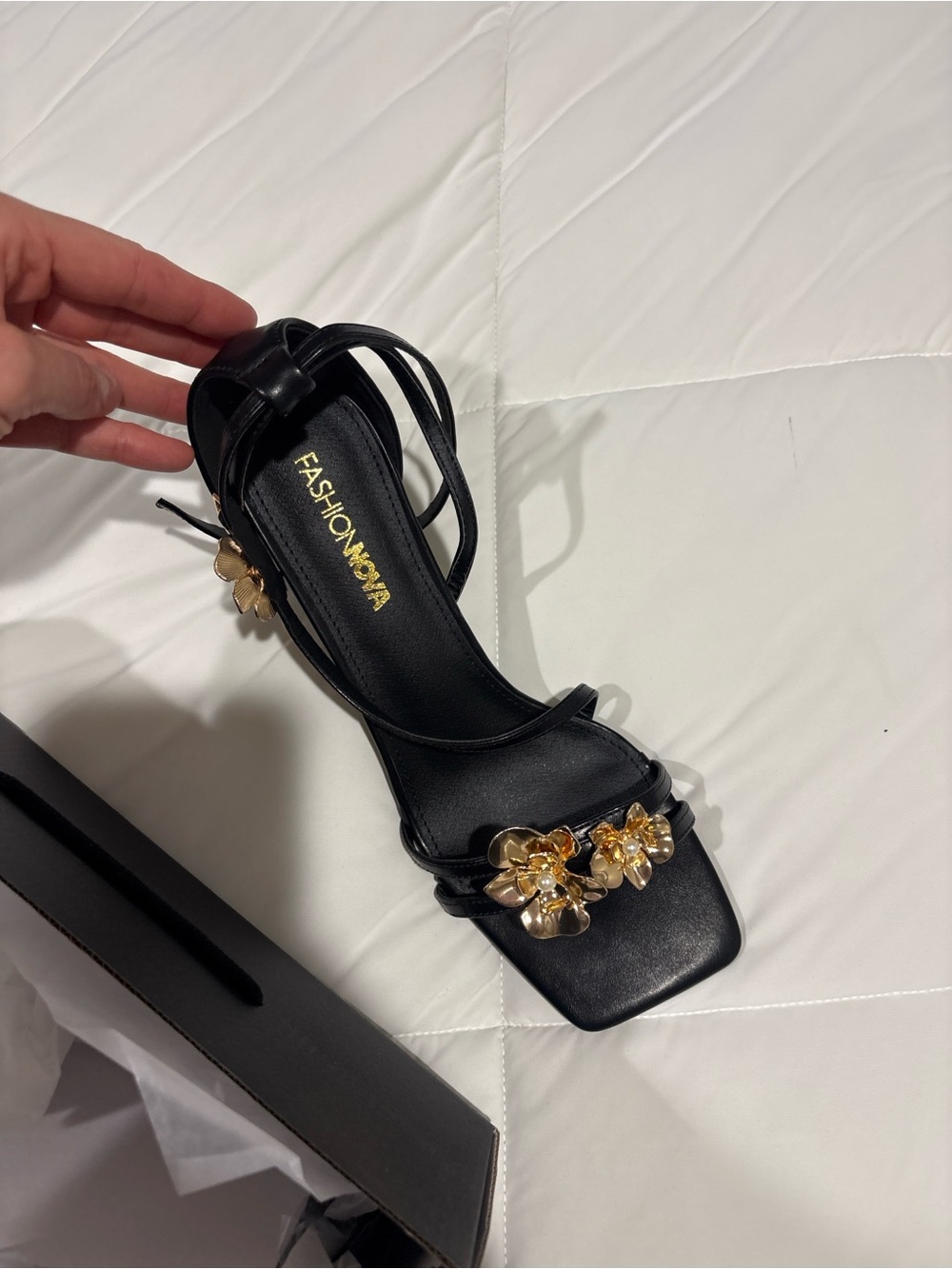 Fashion Nova Black Strappy Square-Toe Heels with Gold Floral Charms
